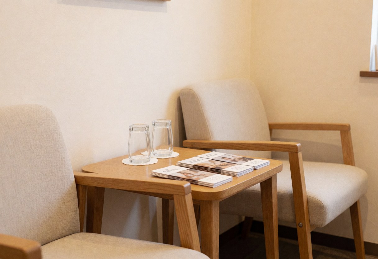 Reception area featuring comfortable chairs and a wooden table holding water and brochures against beige walls.
