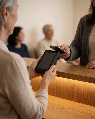 A customer uses a smartphone to pay at the reception desk of a cervical massage therapy business, with a therapist nearby and warm wooden furniture.