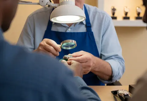 Watchmaker repairing a watch with a loupe under a work light in a workshop