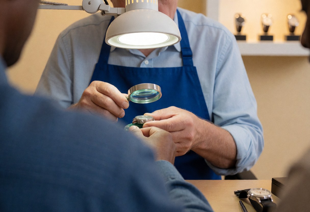 Watchmaker repairing a watch with a loupe under a work light in a workshop