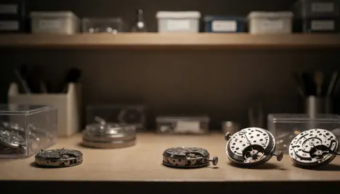 Disassembled watch movements on a wooden table with tool and component boxes in the background under warm lighting