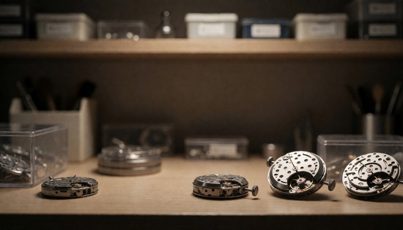 Disassembled watch movements on a wooden table with tool and component boxes in the background under warm lighting