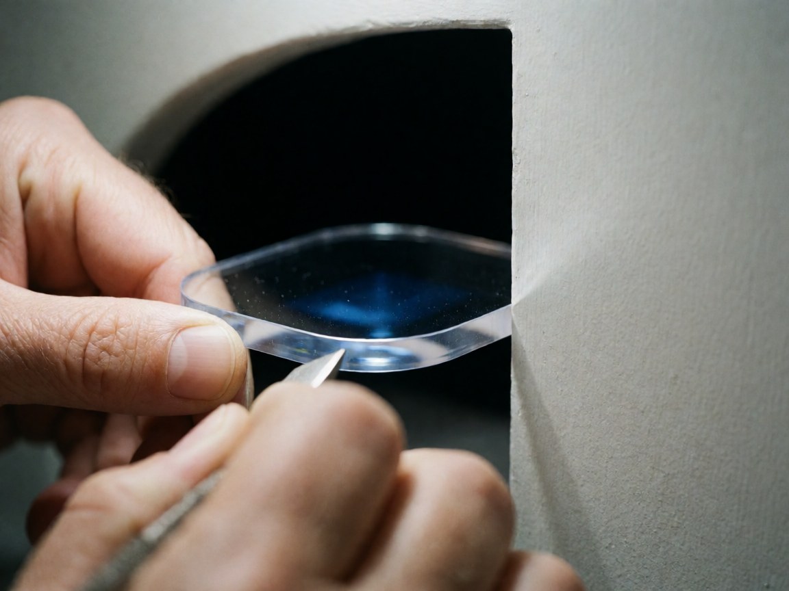 Close-up of hands precisely cutting a transparent watch crystal with a specialized tool in a workshop setting.