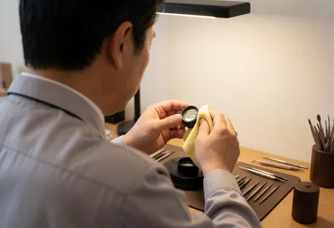 Watch repair technician cleans a loupe with a soft cloth, precision tools arranged on a wooden workbench under warm professional lighting.