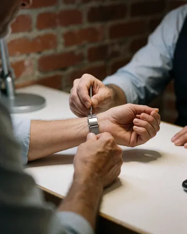 A watchmaker adjusts a metal watch band on a customer's wrist against a red brick wall background with soft natural lighting.