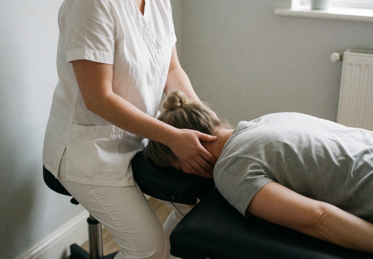 A therapist in a white uniform performs a cervical massage on a client lying on a black massage table in a clinic with gray walls.