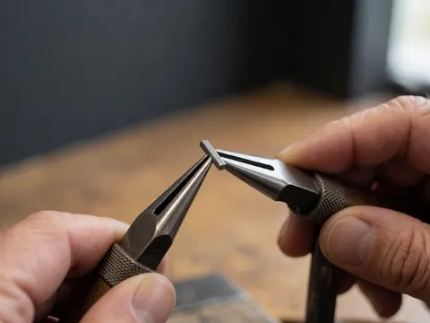 Close-up of watchmaking tools in use with hands working precisely on a wooden workbench against a dark gray wall.