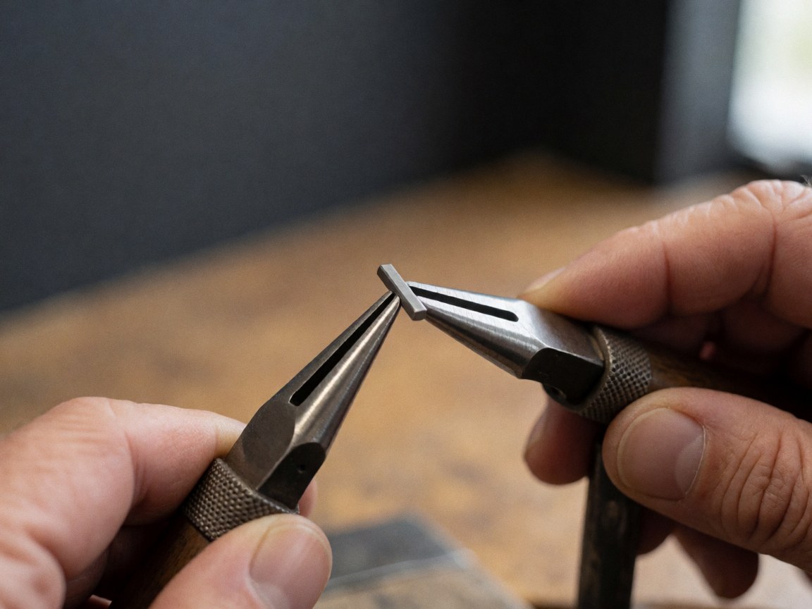 Close-up of watchmaking tools in use with hands working precisely on a wooden workbench against a dark gray wall.