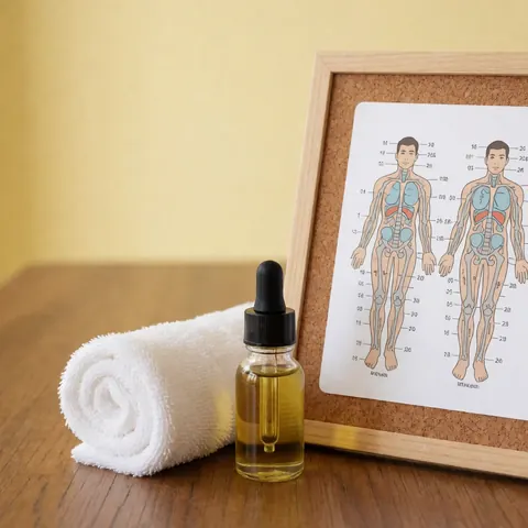 Bottle of mezcal oil with dropper, rolled white towel, and reflexology point map on corkboard over wooden table