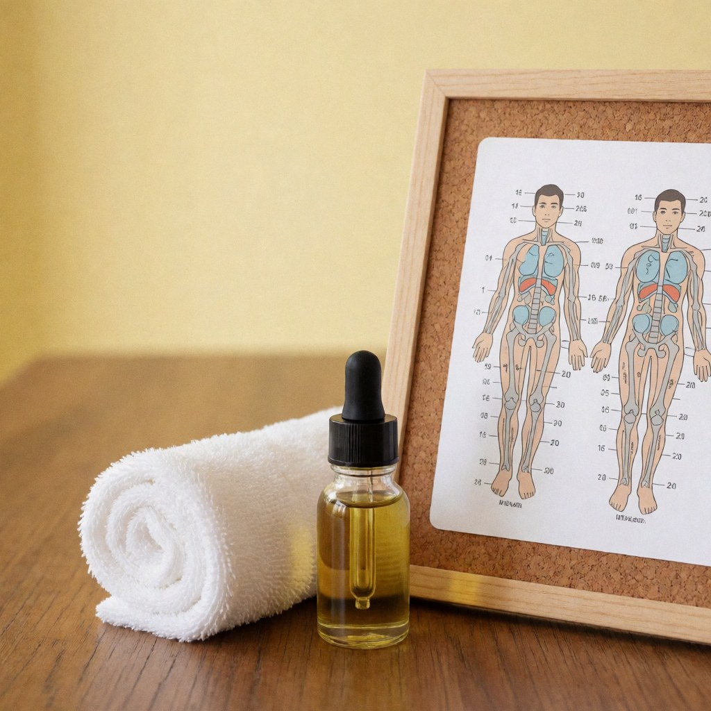 Bottle of mezcal oil with dropper, rolled white towel, and reflexology point map on corkboard over wooden table