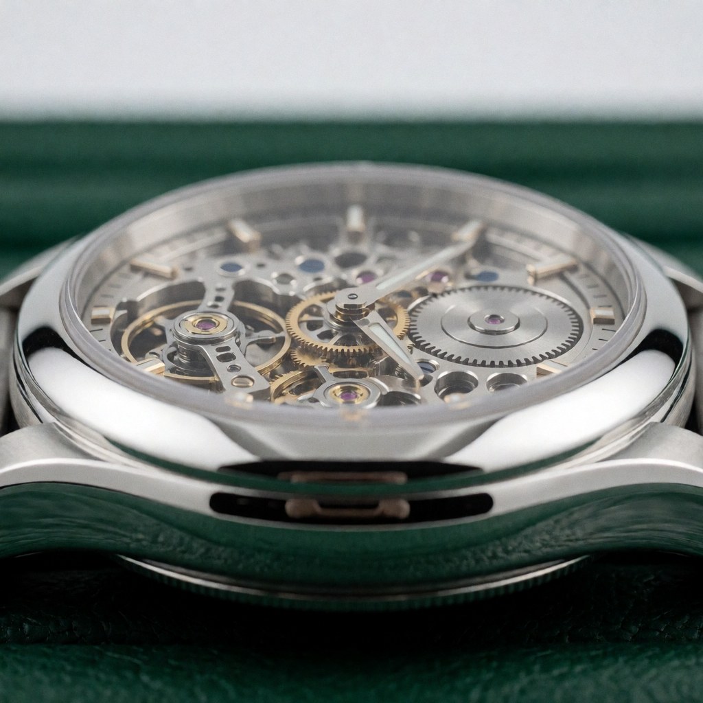 Close-up of a mechanical skeleton wristwatch showing gears and balance wheel on dark green velvet