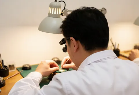 Watchmaker wearing gloves and loupe repairing a watch mechanism under a lamp in a workshop with a blurred background