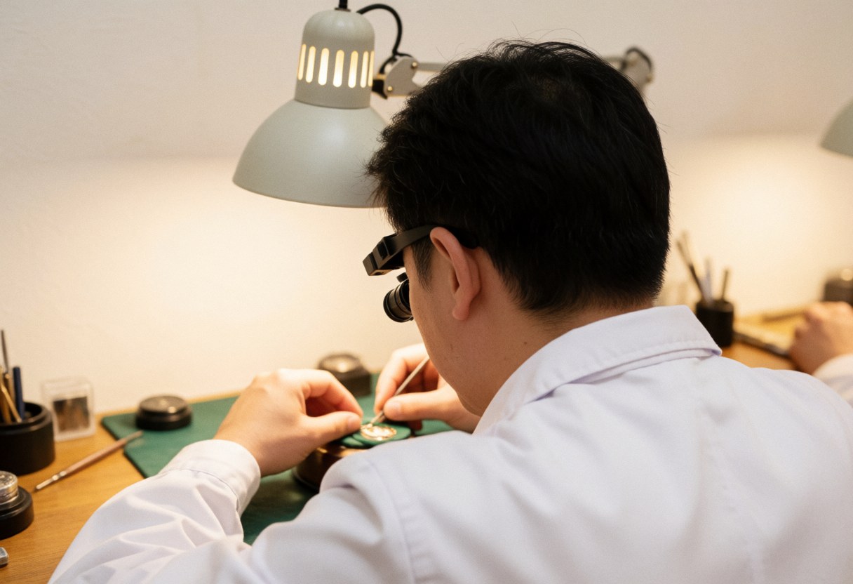 Watchmaker wearing gloves and loupe repairing a watch mechanism under a lamp in a workshop with a blurred background