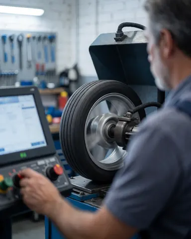 Technician adjusting wheel balancer controller in workshop with spinning tire and tools in background