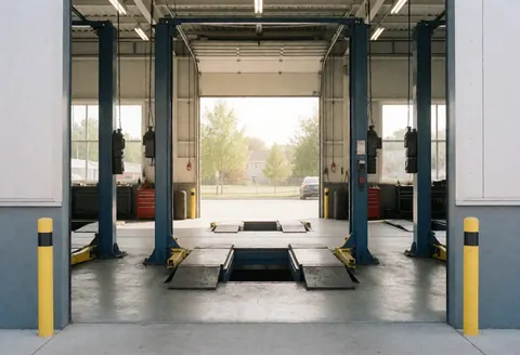 Empty tire repair garage with hydraulic lifts, concrete floor, and natural light from open bay door