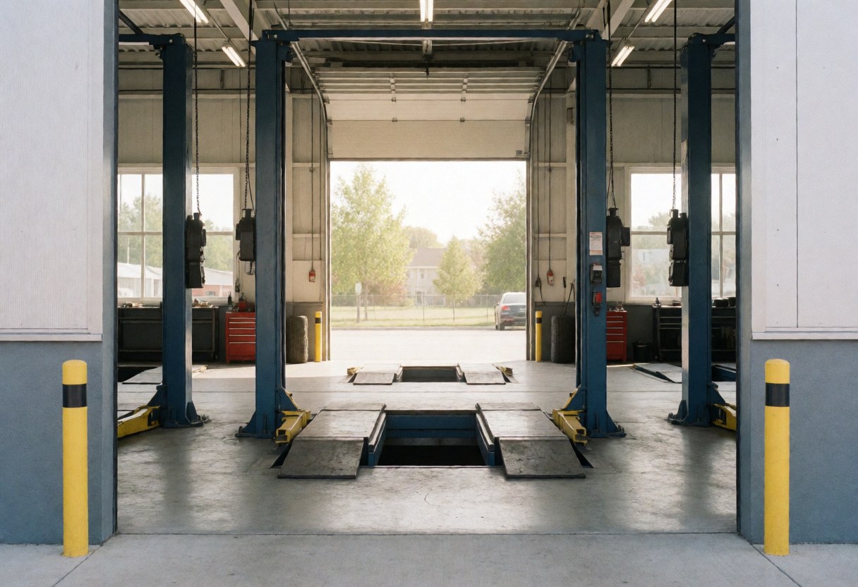 Empty tire repair garage with hydraulic lifts, concrete floor, and natural light from open bay door