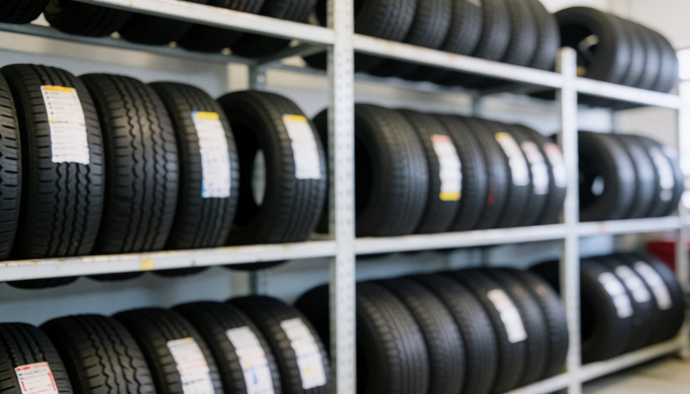 Rows of new tires stored on industrial metal shelving units with visible price tags in a professional auto repair shop setting