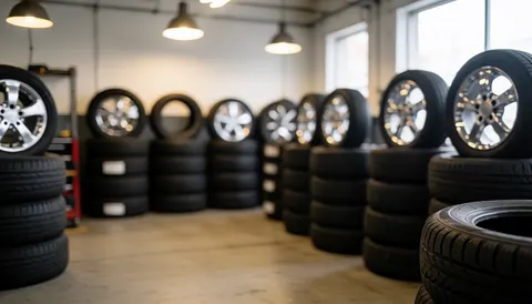 Stacked tires and alloy rims in a warm-lit tire repair shop with concrete floor, ideal for text overlay