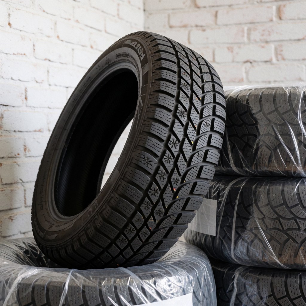 Winter tire featuring a snowflake tread design resting on plastic-wrapped tires against a white brick wall background