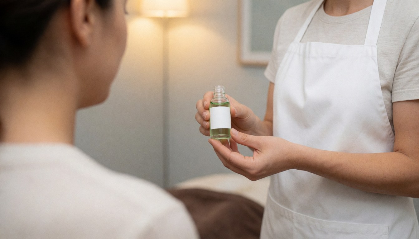 Therapist in white apron holds green peppermint oil bottle in warm-lit room with gray walls