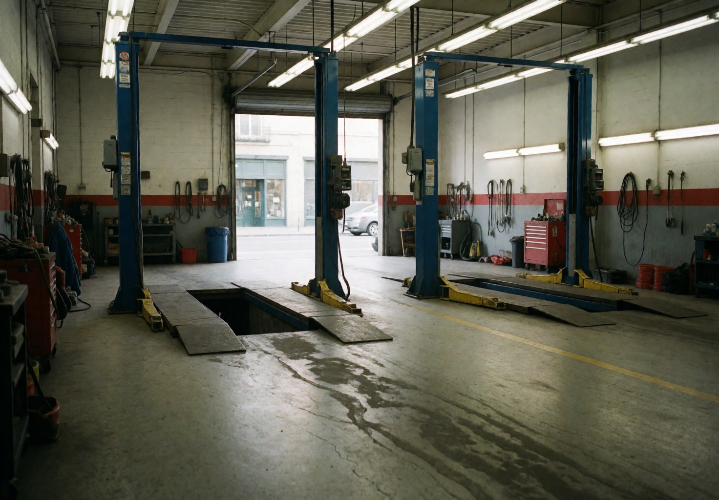 Hydraulic lifts in a tire repair shop with oil stains on the concrete floor, fluorescent lights, and tools hanging on the walls.