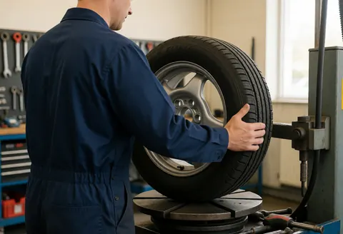 Technician mounting a black tire onto an alloy wheel using a tire changing machine in a workshop setting