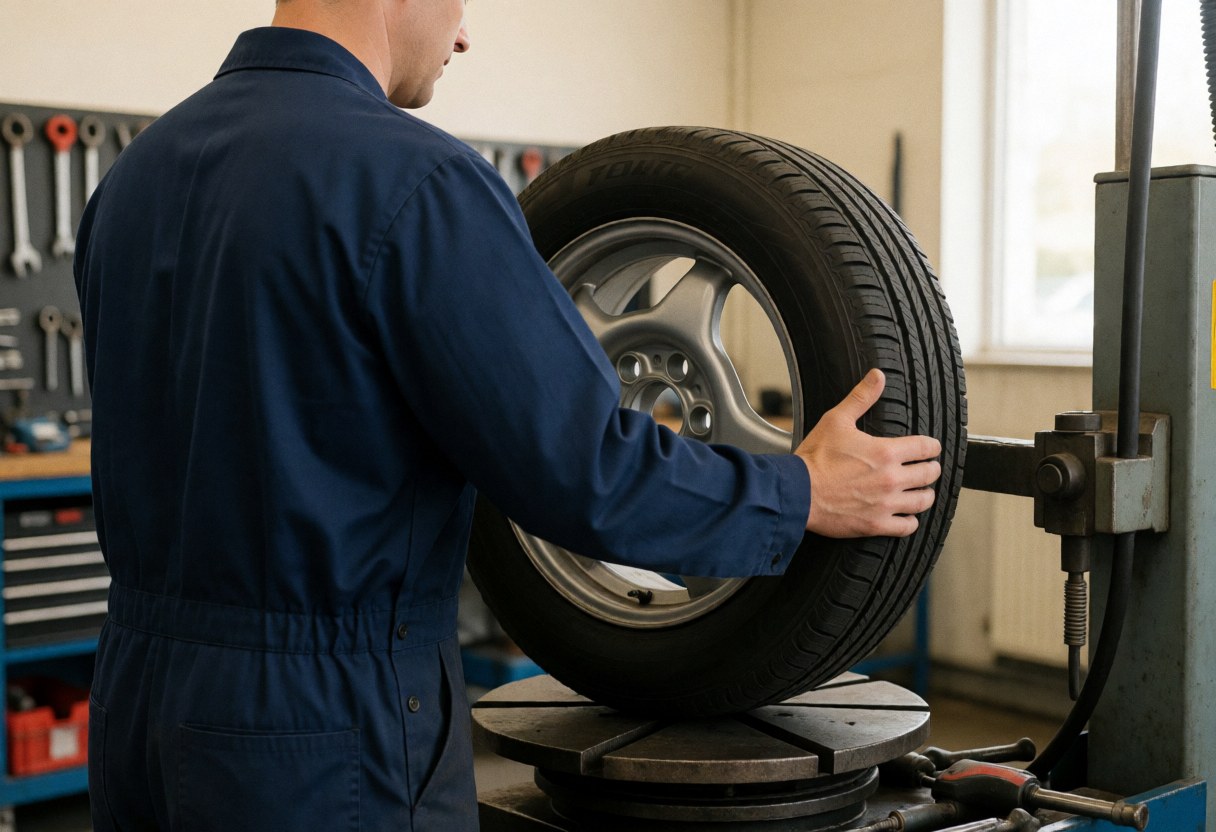 Technician mounting a black tire onto an alloy wheel using a tire changing machine in a workshop setting