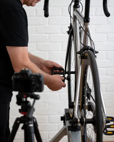Close-up of a technician adjusting a bicycle pedal on a repair stand against a white brick wall with a camera on a tripod nearby
