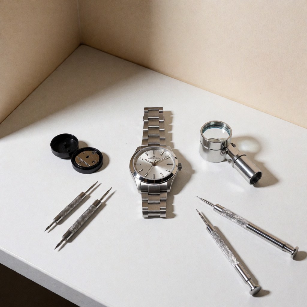 Silver wristwatch accompanied by repair tools and a magnifying glass on a white surface, suitable for watchmaking catalogs.
