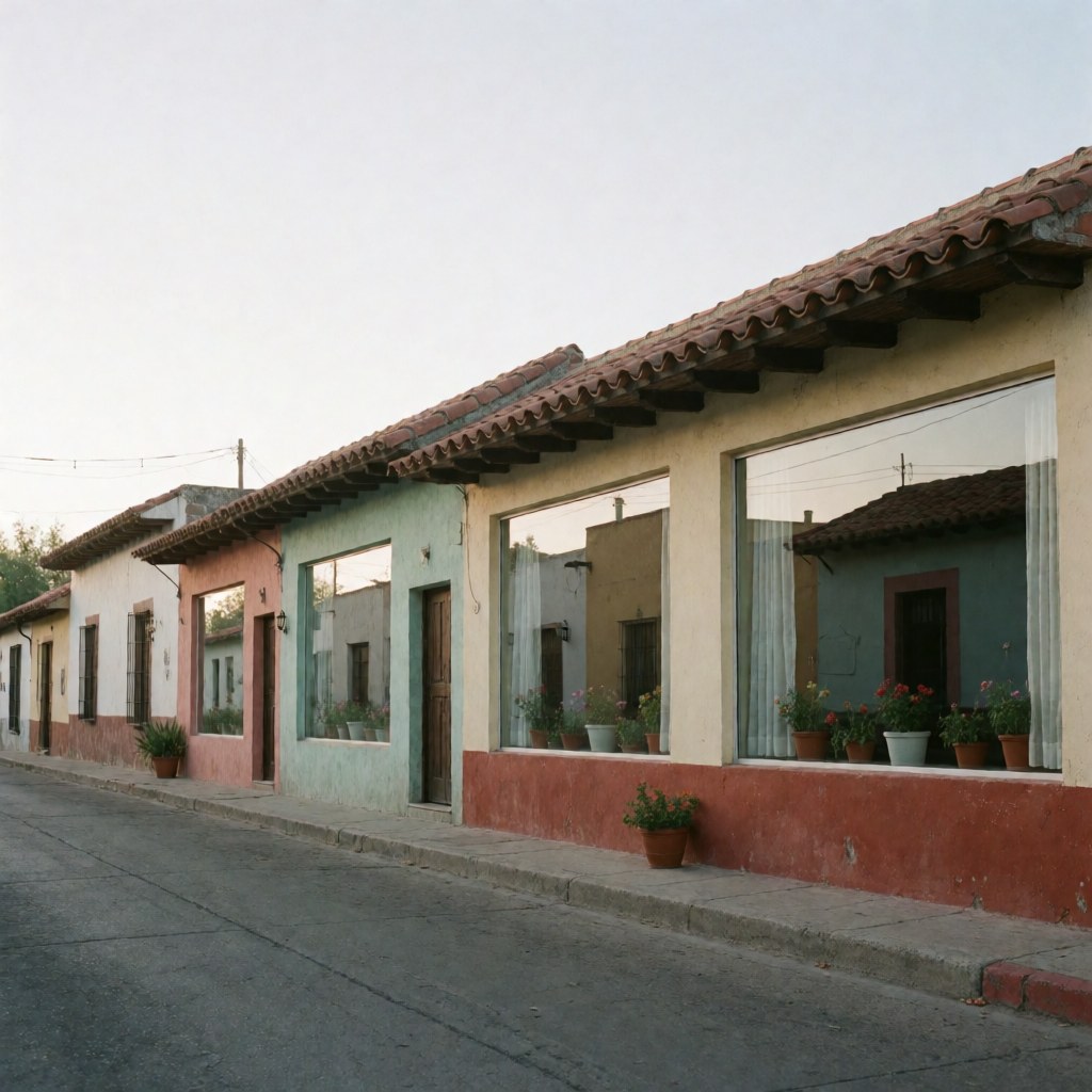 Quiet colonial street with polished windows reflecting the sky and potted plants on the sill, serene atmosphere.