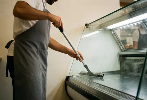 Technician in gray apron cleaning glass display case with long squeegee, interior light reflecting on clean glass, warm white walls