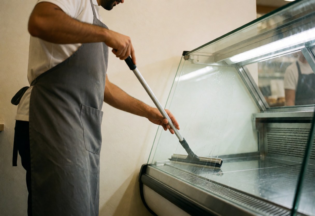Technician in gray apron cleaning glass display case with long squeegee, interior light reflecting on clean glass, warm white walls