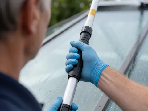 Close-up of a hand wearing a blue glove using a pulley system to clean a glass surface with water, against a blurred glass structure background