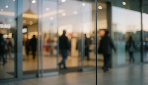 Transparent glass entrance of a shopping mall reflecting warm lights and blurred silhouettes of people walking, suitable for commercial text backgrounds.