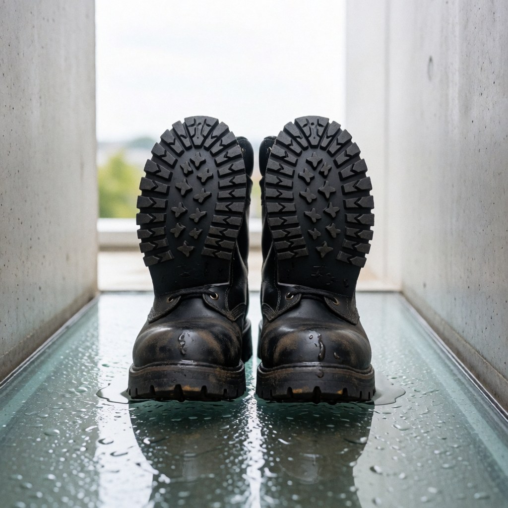 Black work boots with thick soles and studs resting on a wet, reflective glass surface between concrete walls.