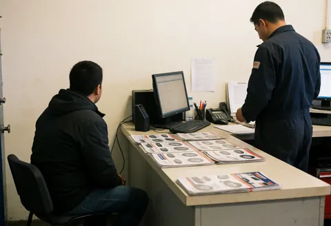 Customer seated at counter while mechanic reviews tire catalogs and documents on a computer in a bright workshop office.