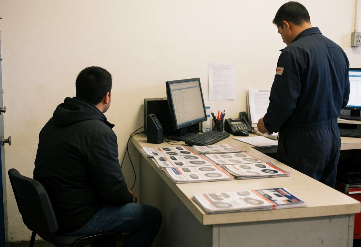 Customer seated at counter while mechanic reviews tire catalogs and documents on a computer in a bright workshop office.