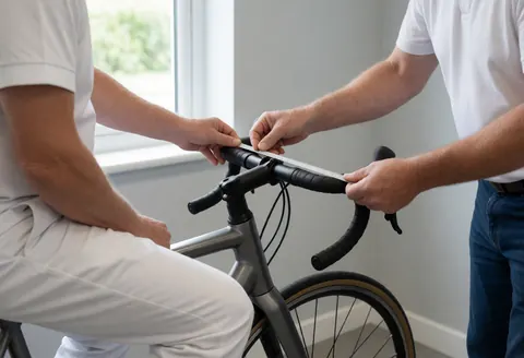 Cycling coach measuring handlebar width with a tape measure in a well-lit workshop to ensure proper bike fit.