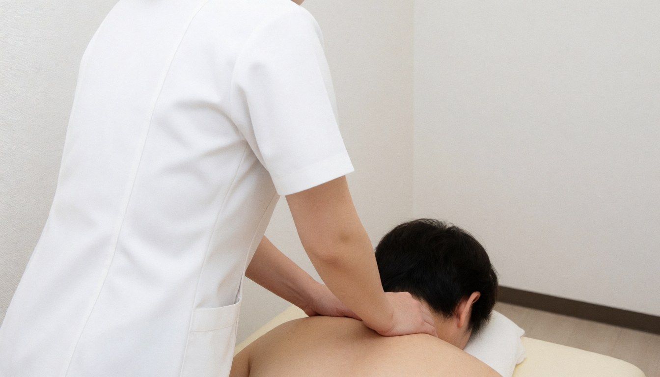 Therapist in white uniform applying neck massage to client lying on treatment table in clean clinic