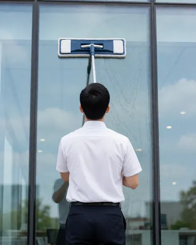 Worker in white shirt and dark pants cleaning an office window with a squeegee and microfiber mop against a modern glass building.