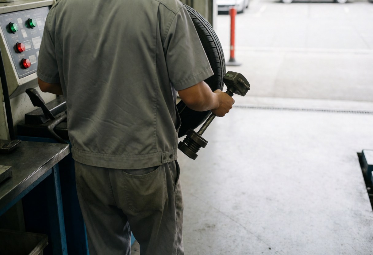 Mechanic working with a wheel balancing tool in a clean concrete floor workshop, showing professional equipment and workspace details.
