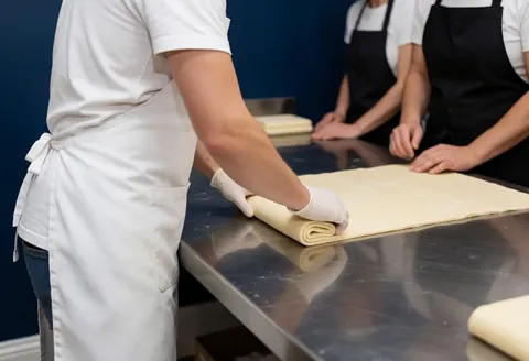 Three bakers folding dough with white gloves on a stainless steel table with a dark blue wall background