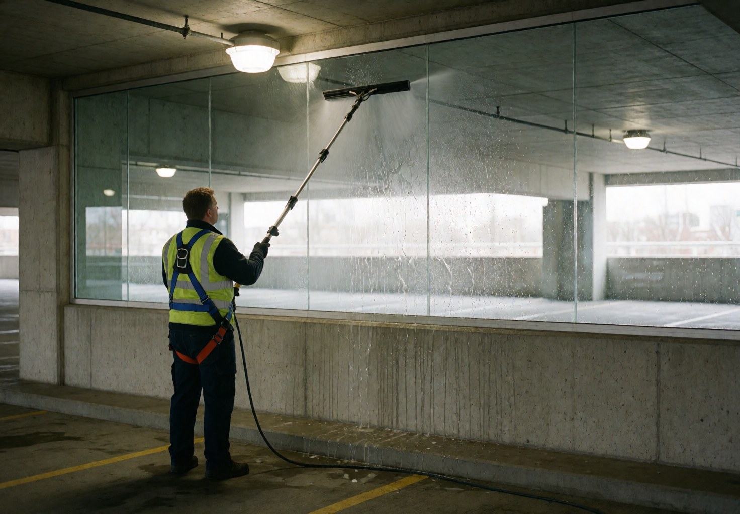 Worker in safety vest and harness cleans large glass panel in underground garage using telescopic squeegee with water spray.