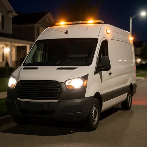 White service van parked on a residential street at night with emergency lights and headlights on, blurred houses in the background