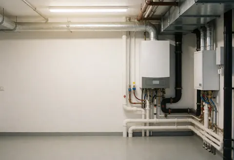 Clean basement featuring a gas boiler and hot water pipes with LED lighting and white walls, suitable for boiler repair business.