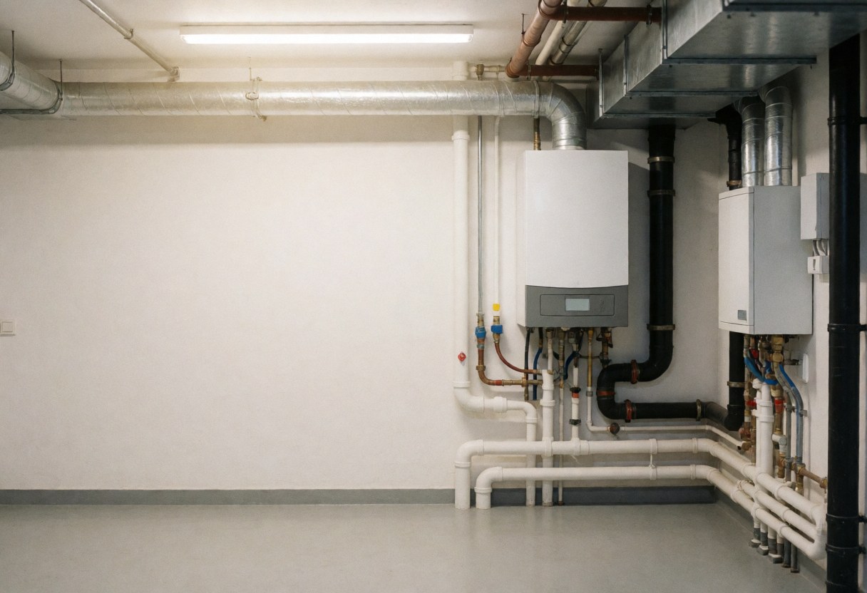 Clean basement featuring a gas boiler and hot water pipes with LED lighting and white walls, suitable for boiler repair business.