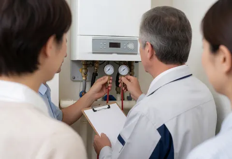 Technician inspecting boiler pressure gauges with tools while a customer watches the service process