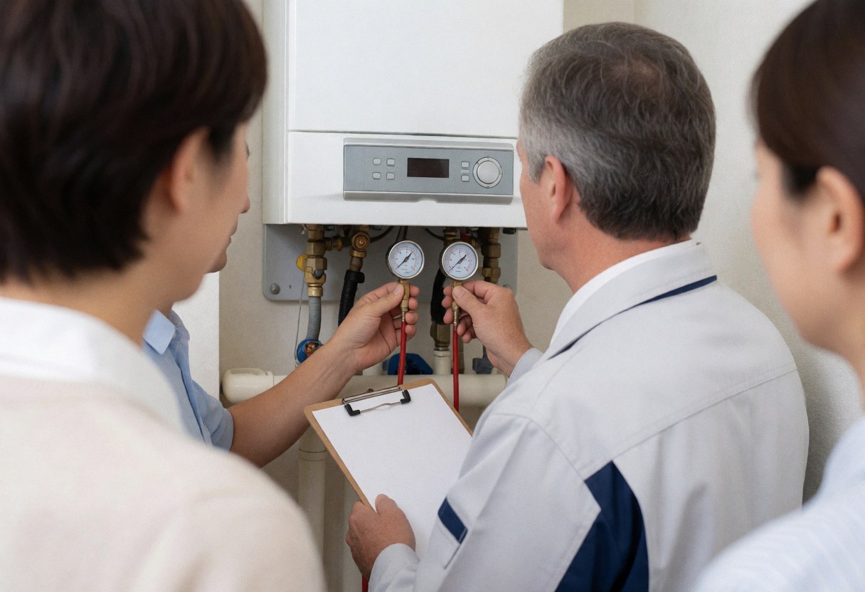Technician inspecting boiler pressure gauges with tools while a customer watches the service process