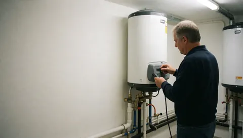 Technician checking boiler in basement with visible pipes, clean and orderly space with text area on the left