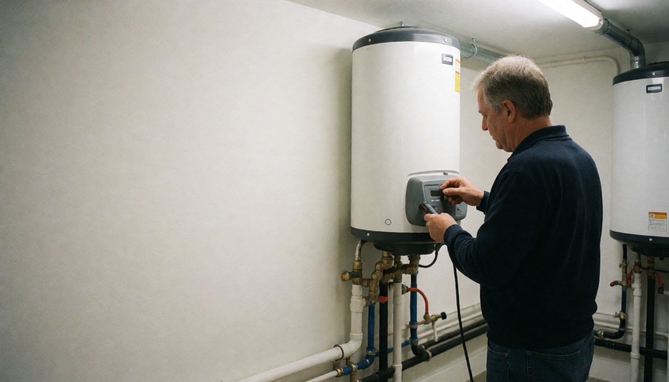 Technician checking boiler in basement with visible pipes, clean and orderly space with text area on the left